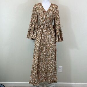 NWT Mi Golondrina brown floral wrap maxi dress with ruffle sleeves size large